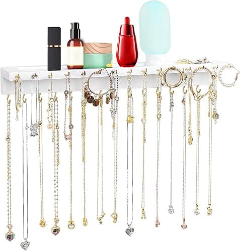 YYILIS Necklace Holder, Upgraded Extra Large Wall Necklace Organizer with 30 Hooks Wall Mounted Necklace Hanger with Jewelry Tray/Cosmetics Shelf Rustic Pine Wood Holder (White) - Image 1