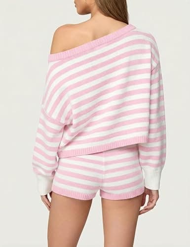 Tanming Women's Striped Sweater Sets Long Sleeve Off Shoulder Knit Pullover Top Casual Fold Over Shorts Sets thumbnail 4