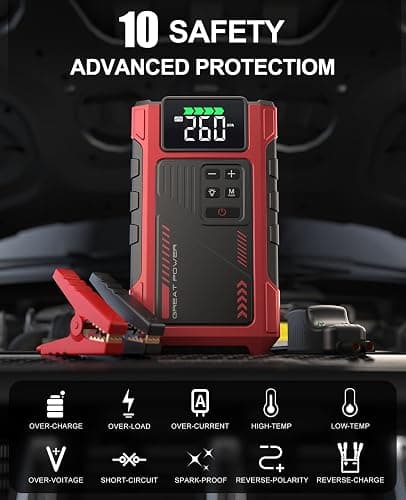 4000A Car Jump Starter with Air Compressor, Portable Battery Charger Jumpstart 12V Vehicle, Power Pack with 150PSI Tire Inflator for 9.0L Gas/7.5L Diesel Engines Jump Box with Light and Jumper Cable thumbnail 5