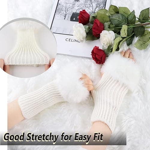 Lcaiualu Winter Women Fingerless Gloves Knitted Arm Warmers Hand Mittens ThumbHole Faux Fur Wrist Short Cuff for Women thumbnail 3