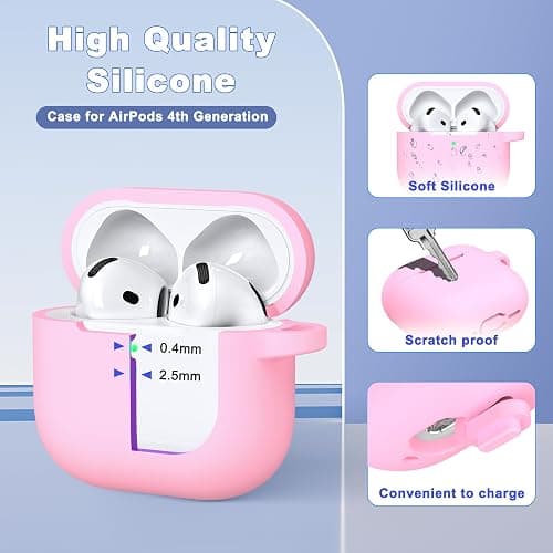 MHYALUDO for AirPods 4th Generation Case Cover 2024, Military Grade Soft Silicone Shock-Absorbing for AirPods 4 Case with Keychain & Cleaning kit, Pink thumbnail 3
