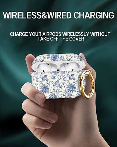 Compatible with AirPod Pro 2nd//1st Generation Case Cover with Gold Keychain,Full Protective Shockproof Wireless Headphone Case for Airpod Pro 2023/2022/2019 Delicate Blue Flowers thumbnail 2