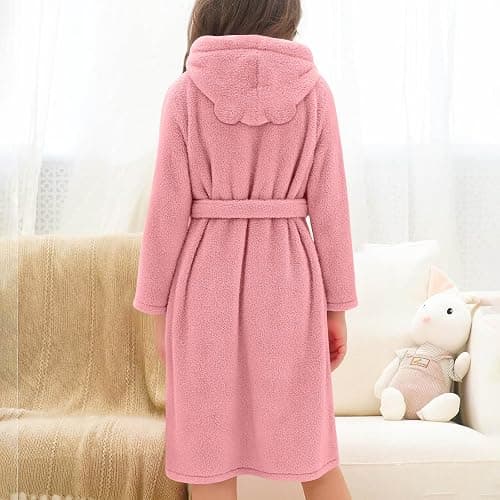 Saxrel Girls Cute Ear Hooded Bathrobe Fleece Dressing Gown – Kids' Home Bath Robe with Waistband Soft Plush Thickened Nightgown Velvet Sleepwear with Pockets 5-14 Years thumbnail 7