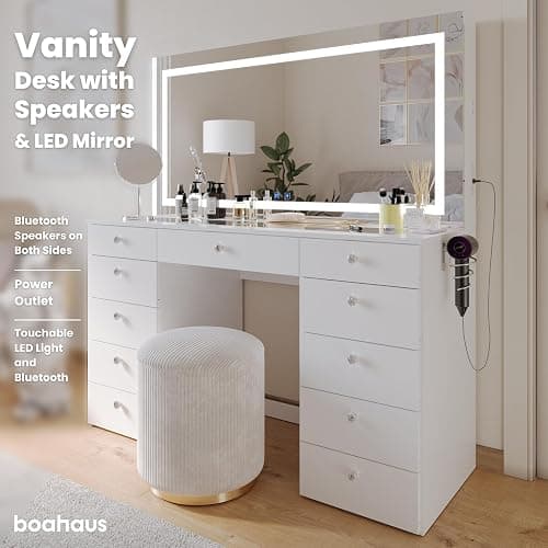 Boahaus Lydia Extra-Large Makeup Vanity Desk, Dimmable LED Mirror, Dual Bluetooth Speakers, 11 Drawers, USB-C & USB-A Ports, 110 V Outlet, Tempered Glass Top & Crystal Knobs thumbnail 3