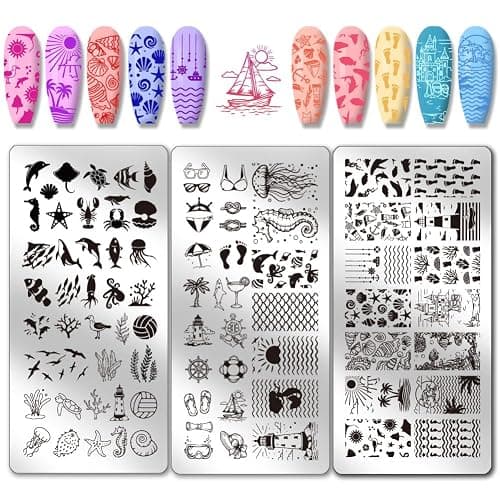 PH PandaHall 3pcs Ocean Life Nail Art Templates, Seaside Marine Life Nail Stamping Plate Beach Sea Shell Art Stencils Stainless Steel Image Plates for Women Summer Nail Design Print Manicure Salon - Image 1