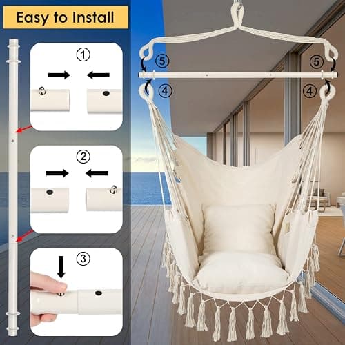 Y- STOP Hammock Chair Hanging Rope Swing, Max 500 Lbs, 2 Cushions Included, Large Macrame Hanging Chair with Pocket for Superior Comfort, with Hardware Kit (Beige) thumbnail 6