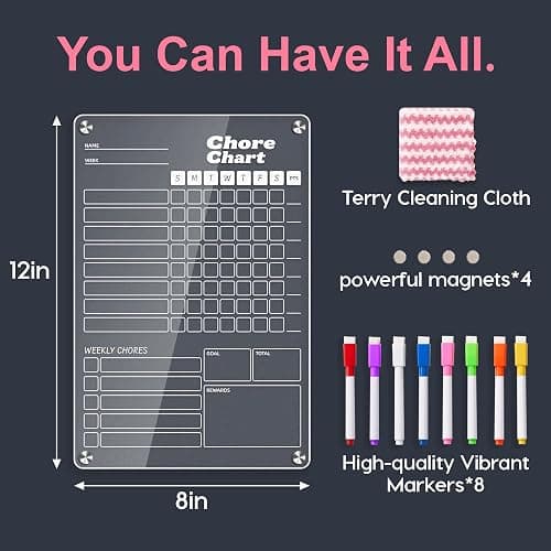 EASFREEAT 1pc Acrylic Magnetic Chore Chart for Kids, Chore Board, Dry Erase Chore Chart, 12"x8" Transparent Erasable Reward Chart for Teens and Adults Chore Checklist with Towel and 4 Markers thumbnail 3