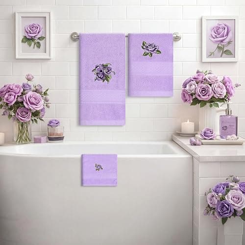 Hillsuren 3 Pcs Rustic Purple Roses Bathroom Towel Set Farmhouse Embroidered Purple Roses Towels Vintage Decorative 100% Cotton Bath Towel Highly Absorbent Elegant Summer Decor Set for Bathroom thumbnail 4