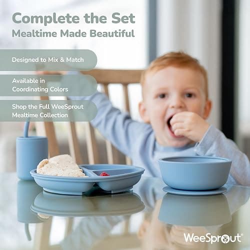 WeeSprout Suction Bowls for Baby & Toddlers (Set of 2) - 100% Silicone w/Plastic Lid - Leak Proof Feeding Supplies - Dishwasher & Microwave Safe Infant Dinnerware w/Extra Strong Base - Muted Blue + Muted Green thumbnail 7