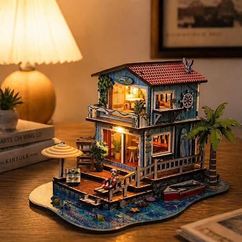3D Wooden Puzzles for Adults, Seaside Cabin DIY Miniature House Kit with LED Light, Creative Booknook Kit, Ocean Theme Dollhouse Model Building Kit(244 pcs) thumbnail 2