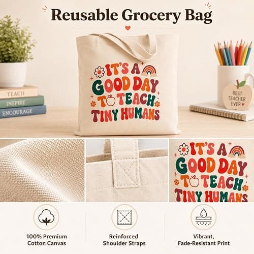 JIOIGFTSY Teacher Canvas Totes Bag Teacher Appreciation Gifts for Women | Teacher tote bags with “It’s a Good Day to Teach Tiny Humans” print; canvas tote bag for women, school, work, and daily use thumbnail 6