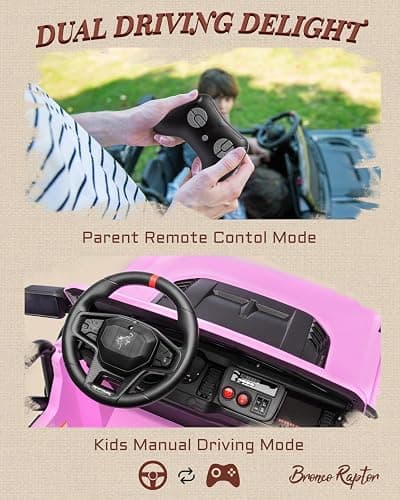 First Ride On 24V Ride on Toys for Big Kids, Licensed Ford Bronco Raptor 2 Seater Ride on Cars with Remote Control, Ride on Truck w/ 4-Wheeler Suspension, 3 Speeds, Led Lights, Bluetooth (24V, Pink) | First Ride On, 24V, for Big Kids, 2 Seater, with Remote Control thumbnail 5