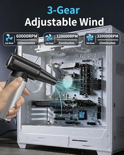 Compressed Air Duster, 2-in-1 Duster Blower & Vacuum with 320000RPM Super Power, Electric Air Duster Rechargeable, 3-Gear Adjustable Air Blower for Keyboard, Computer, Car, Home, and Outdoor Cleaning thumbnail 6