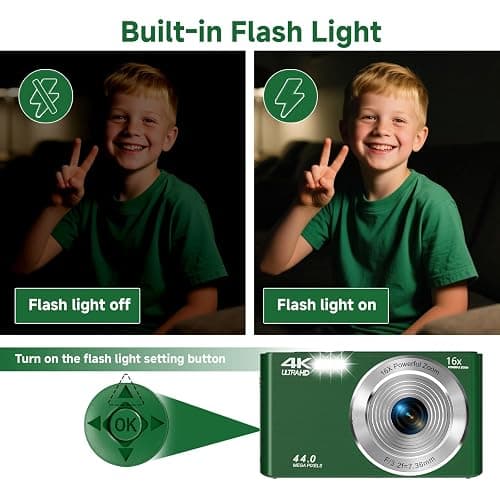 Digital Camera, FHD 4K 44MP Autofocus Compact Digital Cameras for Teens, Green Point and Shoot Camera for Kids with 16X Zoom, 64GB SD Card, Small Digital Camera for Boys Girls Teens Kids Gift thumbnail 7