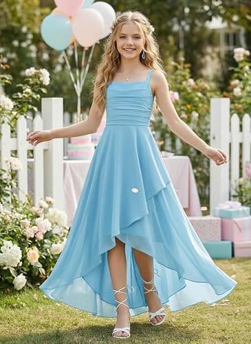 wyxis Spaghetti Straps Junior Bridesmaid Dresses A Line Chiffon Flower Girl Dress Ruffles Girls Formal Dresses 2-16 Years thumbnail 5