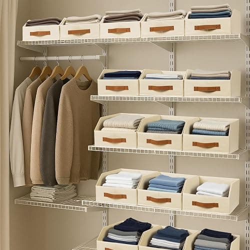 Homsorout Fabric Storage Bins for Organizing - 6 Pack Large Trapezoid Collapsible Storage Bins with Front Handle, Closet Organizers and Storage for Bedroom, Home Shelves, Small Spaces, Beige thumbnail 6
