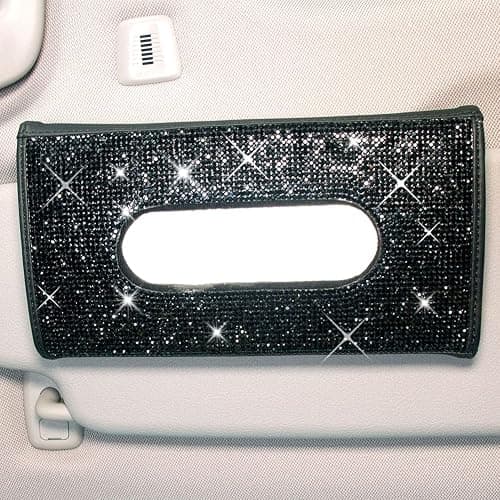 ChuLian Bling Bling Car Visor Tissue Holder | PU Leather Crystals Paper Towel Cover Case & Glitter Sunglasses Clip for Women Black Diamond thumbnail 2