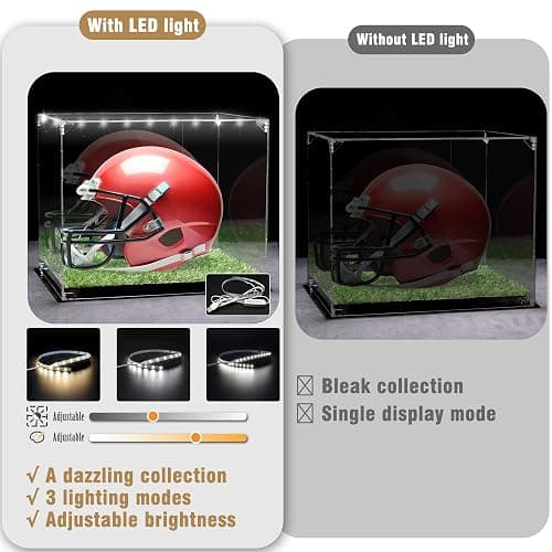 Full Size Football Helmet Display Case with 3-Modes LED Lights & Turf Base – Acrylic Showcase with Mirror Back, Gold Risers, UV Protection – Perfect for Sports Memorabilia & Collectibles thumbnail 3