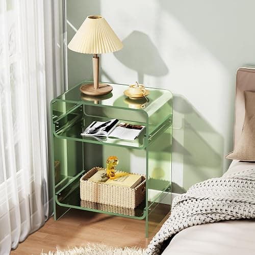 Acrylic End Table Record Player Table with Storage Shelf Clear Side Table Nightstand (15.7x19.7x11.8) (Green) thumbnail 6