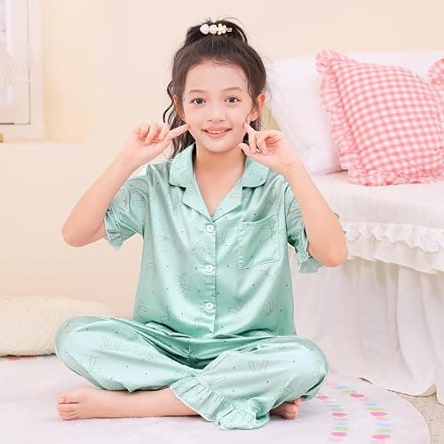 MHJY Schlafanzug Mädchen Set 8-14 Jahre, Kurzarm Pyjama mit Knopfleiste und Lange Hose, Weiches Seidig Nachtwäsche Kinder Teenager PJS thumbnail 7