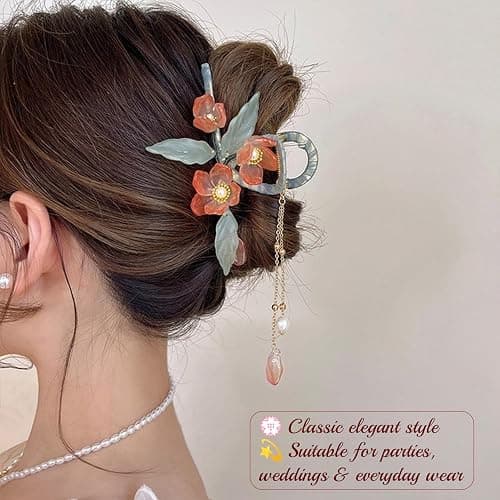 KEMMINTVN Colored Flowers Tassel Hair Claw Clips, Vintage Floral Hair Claw Clip, Orange Pearl Flower Design with Tassel, Large Flower Cross Metal Hair Clamps thumbnail 4