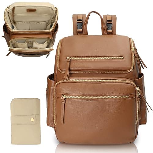 Omanmoli Diaper Bag Backpack Large Baby Diaper Bag Leather with 17 Diaper Bag Organizing Pouches,Changing Pad,Stroller Straps,4 Insulated Pockets,Brown - Image 1