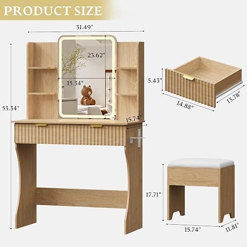 Vanity Desk with LED Lights Mirror & Power Outlet, Small Makeup Vanity Table Set with Storage Drawers & Chair, 3 Lighting Modes & Adjustable Brightness, Dressing Table for Women Girls Bedroom, Oak thumbnail 2