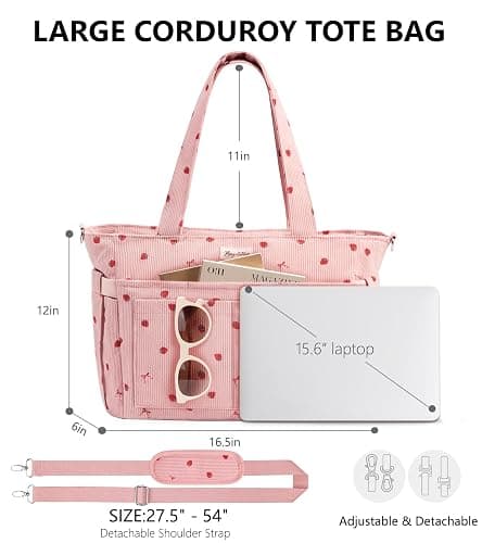 Bagstellar Corduroy Tote Bag for Women, 17 Pockets Laptop Work Tote Purse | Large 15.6” Computer Bag w/ 40oz Cup Holder & Strap, Zipper Teacher Nurse Bible Shoulder Bag for School Travel College Office thumbnail 2