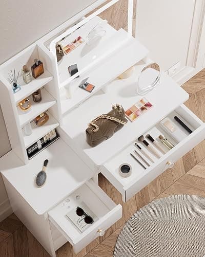 Vanity Desk, Makeup Table with Mirror and Lights, 90cm White Dressing Table, Five Drawers thumbnail 4