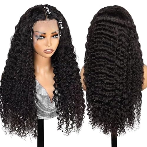 18 Inch Women's Real Hair Wig,Deep Wave Human hair Wig,200 Density 13X4 HD Transparent Lace Front Glueless Wigs For Black Women Pre Plucked,Natural Black Curly echthaar perücke (46cm) thumbnail 3