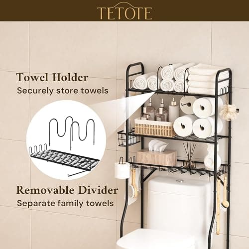 TETOTE Over The Toilet Storage Rack, 3-Tier Bathroom Organizer Shelf Over Toilet with Toilet Paper Roll Holder, Freestanding Metal Rack, Black thumbnail 4