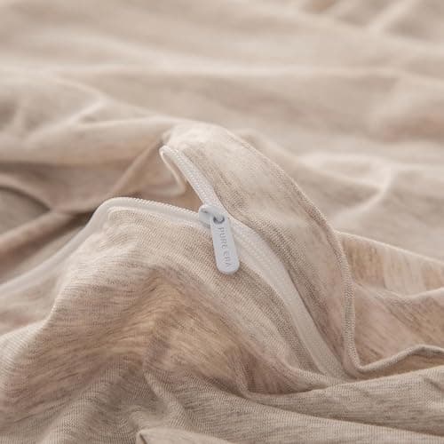 PURE ERA Jersey Knit Duvet Cover Set 100% T-Shirt Heather Cotton Super Soft Comfy Classic Striped Design, with Zipper Closure, Heather Beige Stripe, Queen thumbnail 4