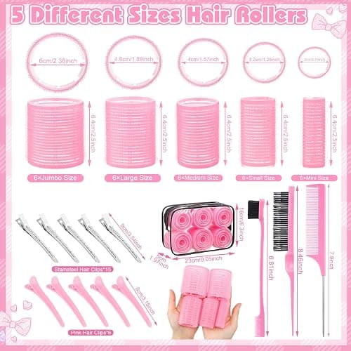 5 Sizes Self Grip Hair Rollers Set, 64 Pcs Rollers Hair Curlers with Clips Comb for Long Medium Short Hair (60 48 40 32 20mm), Pink thumbnail 2