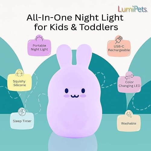 Lumipets Baxter The Bunny Squishy Night Light for Kids | Silicone Lamp with Tap & Remote Control | Rechargeable Color Changing Animal Night Light for Boys & Girls | Portable Nightlight with USB Cord thumbnail 8