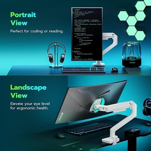 ARES WING Ultrawide Monitor Arm for 17 to 49 Inch and 44 Lbs Screen, White | Pro Gas Spring, Full Range of Motion, for 75/100 Vesa Mount, for Samsung, LG Curved/Flat Monitor, with C Clamp, Grommet Base thumbnail 6