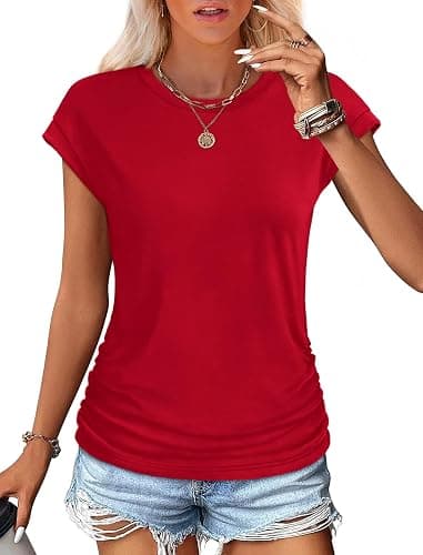SAMPEEL Womens Summer Tops Trendy 2025 Ruched Cap Short Sleeve Tshirts Shirts Crew Neck T Shirts Fashion thumbnail 2