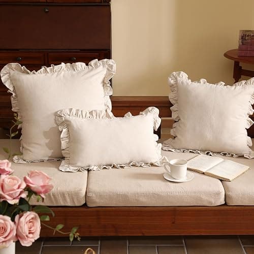 patdrea Shabby Chic Linen Decorative Throw Pillow Covers 18"x18" Set of 2, Farmhouse Linen Pillow Covers with Ruffles, Square Sturdy Throw Pillow Case for Couch Sofa Bed Living Room thumbnail 7