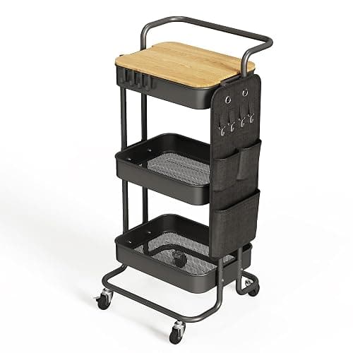 DTK 3 Tier Metal Utility Rolling Cart with Table Top and Side Bags, Tray Storage Organizer Wheels, Art Craft 4 Hooks for Kitchen Bathroom Office Living Room (Black) - Image 1