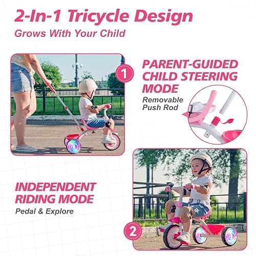 Liberry 2 in 1 Toddler Tricycle Age 2 3 4 Years Old, Kids Trike with Light Up Wheels, Adjustable Push Handle, 3 Wheel Bike Outdoor Indoor Riding Toy Gift for Girls Boys, Pink thumbnail 4