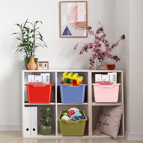 Dandat 16 Pcs Plastic Book Bins for Classroom Library Cubby Bins Scoop Front Stackable Toy Storage Tubs Containers for School Office Home Nursery Playroom Organization(Vintage Color) thumbnail 6