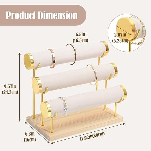 ProCase Bracelet Holder Display Bracelet Organizer Stand, Gold Detachable Bangle Storage Rack for Selling, Velvet Wrap Watch Holder with Wooden Base for Women Girls, Business Supplies - 3 Tier, Beige thumbnail 3