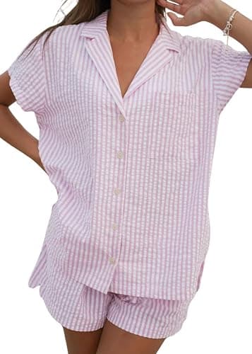 codcm Womens Striped Pajama Set Cute Heart Pjs Sleepwear Short Sleeve Shirt and Shorts Set - Image 1
