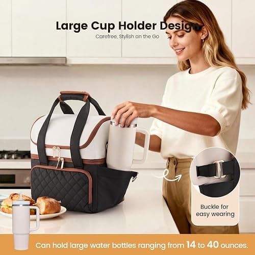 LOVEVOOK Insulated Lunch Bag For Women,Large Double Deck Adult Lunch Box,Teacher Lunch Tote Bag With Cup Holder,Leakproof Cooler Bag With Adjustable Shoulder Strap For Work Picnic Beach thumbnail 3