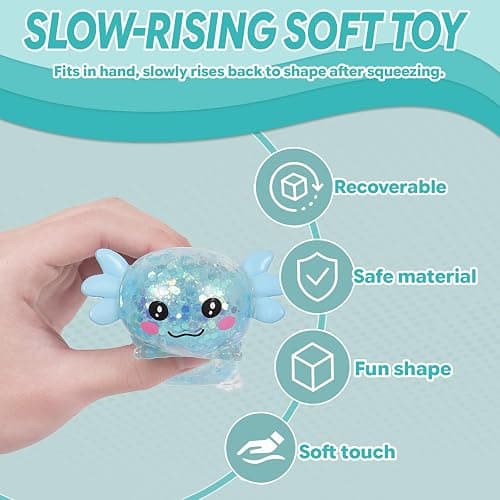 FazaVexior Lying Axolotl Squishy Toy - 1 Pcs Glitter Slow Rising Squeeze Toy, Maltose Filled TPR Stress Relief Fidget Toy, Cute Transparent Handheld Desk Pet Sensory Toy, Age 3+ (Blue) thumbnail 5