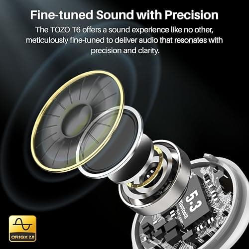 TOZO T6 Wireless Earbuds, IPX8 Waterproof Ear Buds, Stereo Bass Sound Bluetooth 5.3 Headphones in Ear, 50 Hours Playtime Earphones, Wireless Charging Case, Custom 32 EQ via APP thumbnail 2
