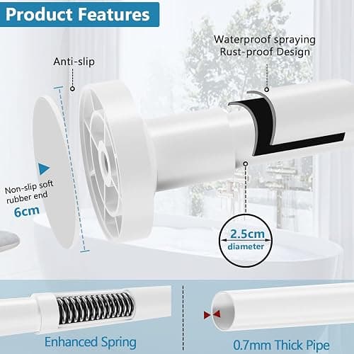 WELDUN Extendable Shower Curtain Rod, Curtain Tension Pole 48-118CM, No Drill Telescopic Curtain Pole, Adjustable Strong Shower Rail for Bathroom Bedroom Window Closet, White thumbnail 3