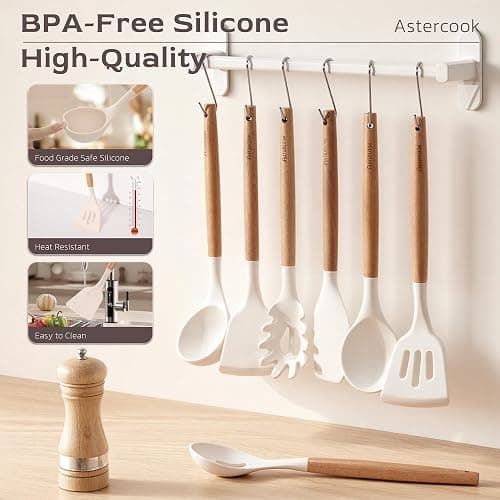 Astercook Kitchen Utensils set, 39 PCS Silicone Cooking Utensils Set with Wooden Handle, 446°F Heat Resistant Food Grade Utensil Sets, BPA Free Kitchen Gadgets Tools Set for Nonstick Cookware (Cream) thumbnail 8