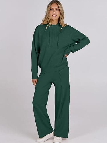 ANRABESS Women 2 Piece Outfits Sweater Sets Loose Long Sleeve Hoodies Knit Pullover Wide Leg Pants 2025 Fall Lounge Sweatsuit thumbnail 2