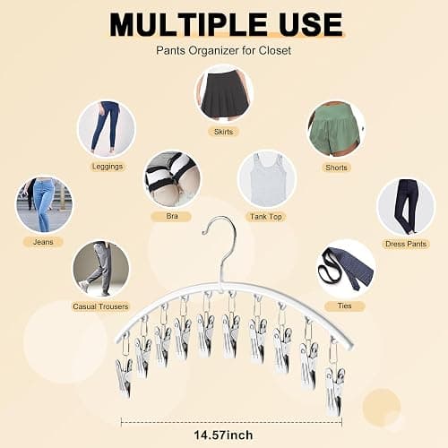 Legging Organizer for Closet, Metal Yoga Pants Hanger w/Rubber Coated 2 Pack w/10 Clips Hold 20 Leggings, Hangers Space Saving Hanging Closet Organizer for Closet Organizers and Storage-White thumbnail 6