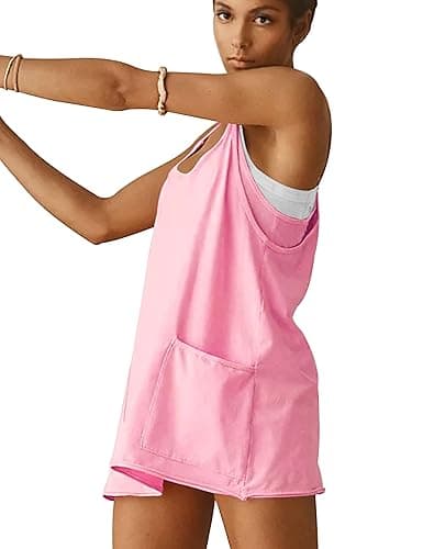 Womens Athletic Dress Hot Shot Mini Dress Built in Shorts Summer Workout Romper Dress 2025 Trendy Outfit - Pink - Small thumbnail 4